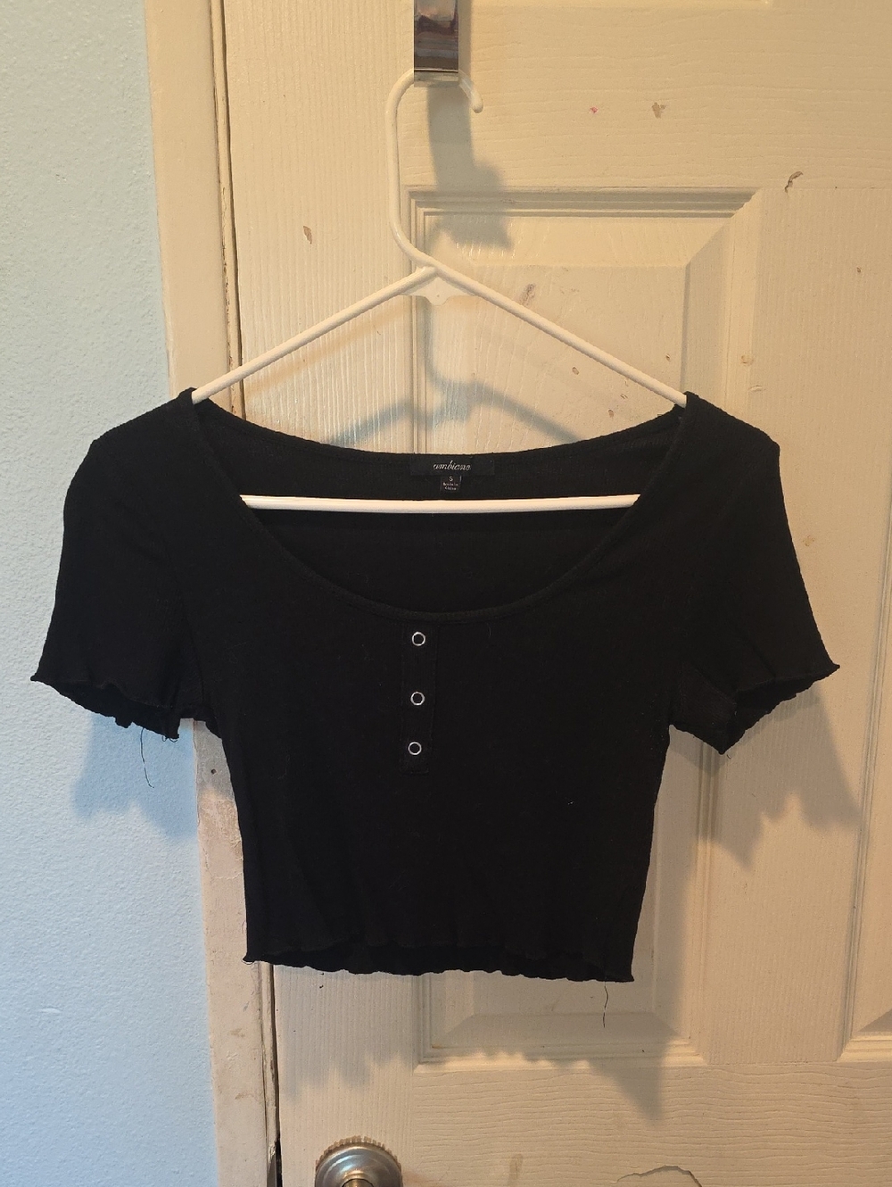 Ambiance Black Short Sleeve Scoop Neck Crop Top with Eyelet Buttons